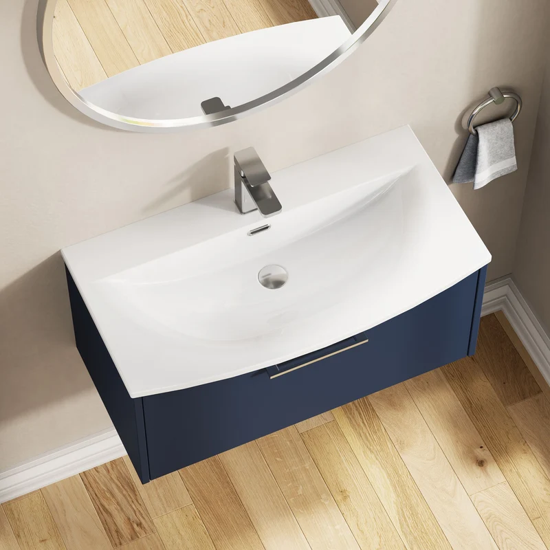 Juno 800mm Wall Hung 1 Drawer Vanity Unit & Curved Ceramic Basin - Midnight Blue Matt