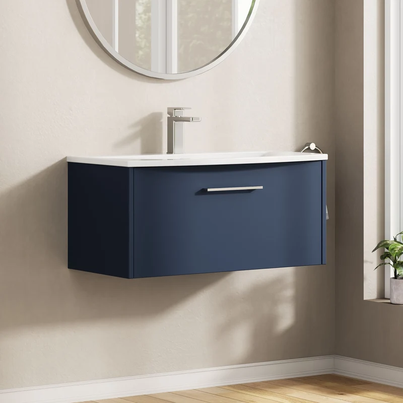 Juno 800mm Wall Hung 1 Drawer Vanity Unit & Curved Ceramic Basin - Midnight Blue Matt