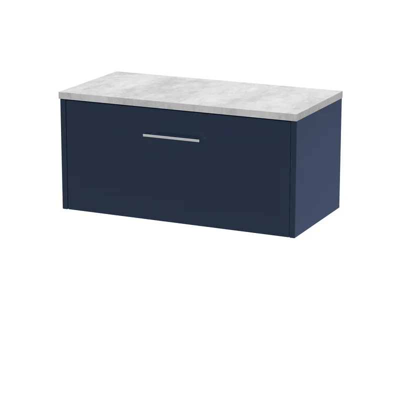 Juno 800mm Wall Hung 1 Drawer Vanity Unit & Bellato Grey Laminate Worktop - Midnight Blue Matt