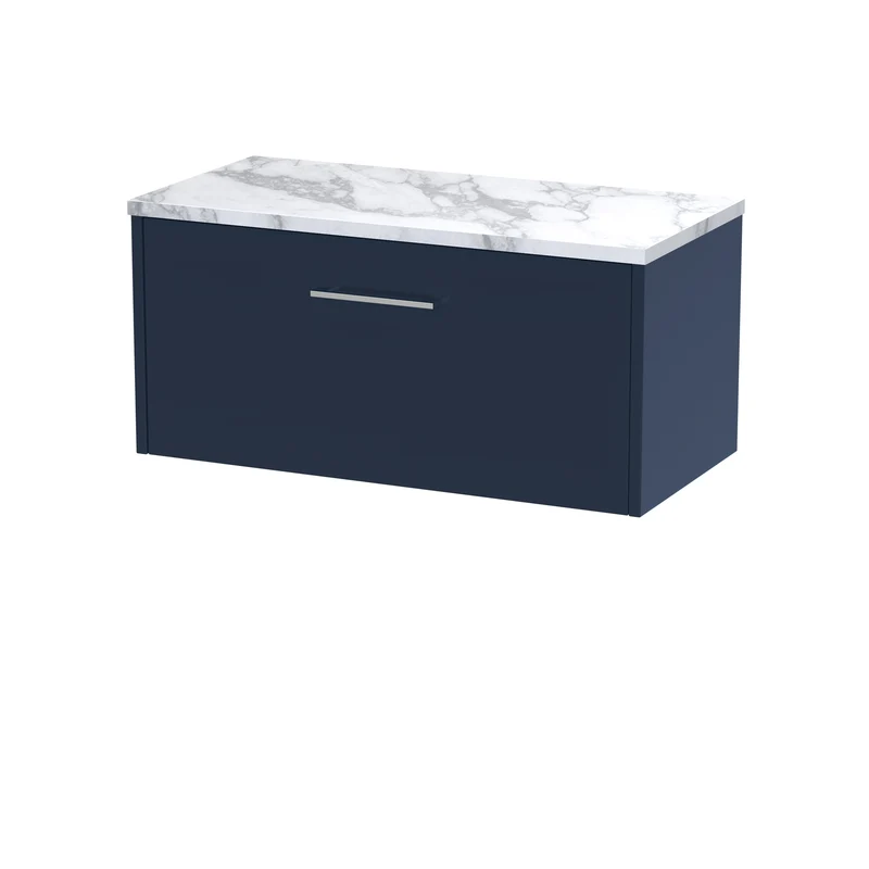 Juno 800mm Wall Hung 1 Drawer Vanity Unit & Carrera Marble Laminate Worktop - Midnight Blue Matt