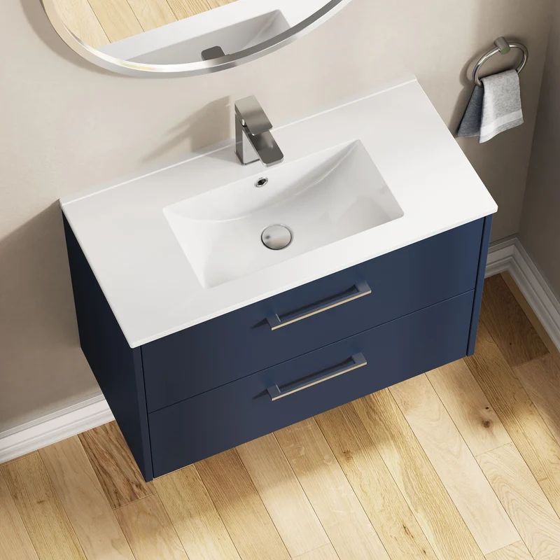 Juno 800mm Wall Hung 2 Drawer Vanity Unit & Minimalist Ceramic Basin - Midnight Blue Matt