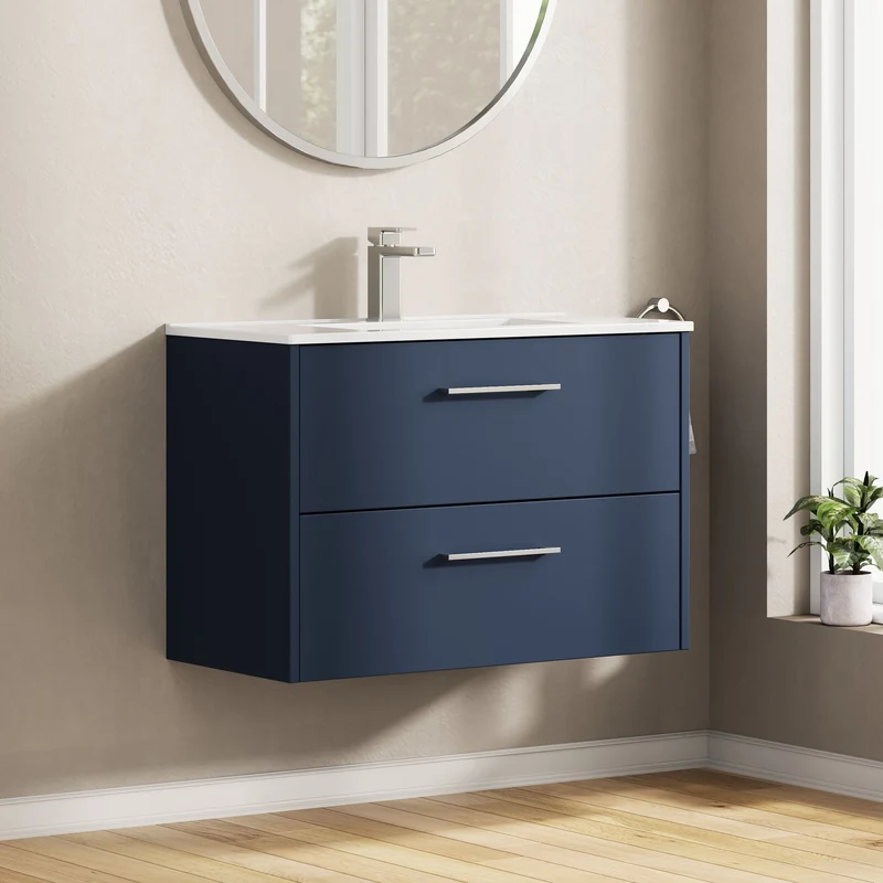 Juno 800mm Wall Hung 2 Drawer Vanity Unit & Minimalist Ceramic Basin - Midnight Blue Matt