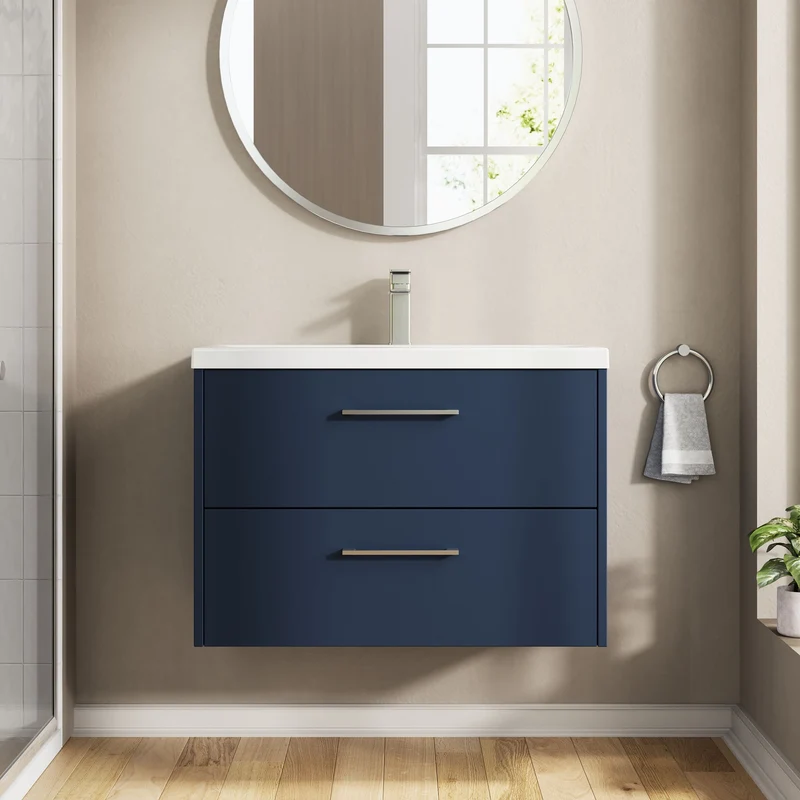 Juno 800mm Wall Hung 2 Drawer Vanity Unit & Mid Edge Ceramic Basin - Midnight Blue Matt