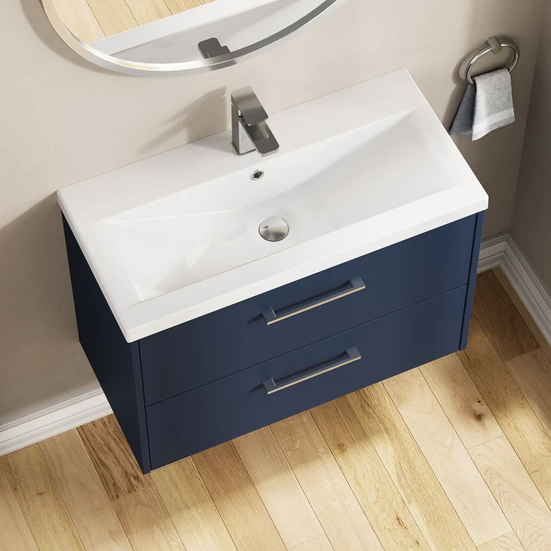 Juno 800mm Wall Hung 2 Drawer Vanity Unit & Mid Edge Ceramic Basin - Midnight Blue Matt