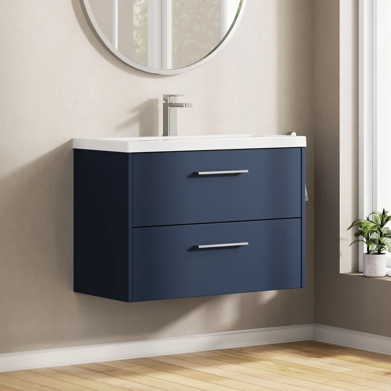 Juno 800mm Wall Hung 2 Drawer Vanity Unit & Mid Edge Ceramic Basin - Midnight Blue Matt