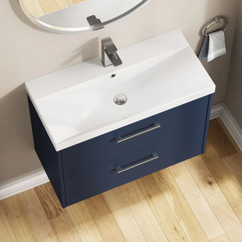 Juno 800mm Wall Hung 2 Drawer Vanity Unit & Thin Edge Ceramic Basin - Midnight Blue Matt