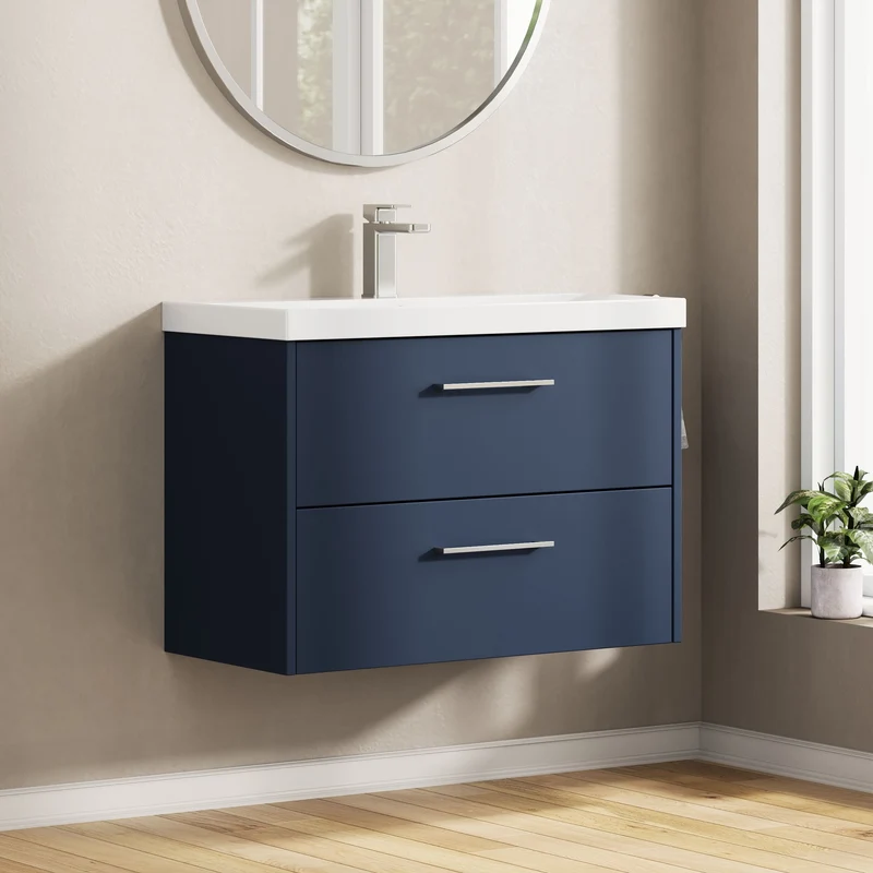 Juno 800mm Wall Hung 2 Drawer Vanity Unit & Thin Edge Ceramic Basin - Midnight Blue Matt