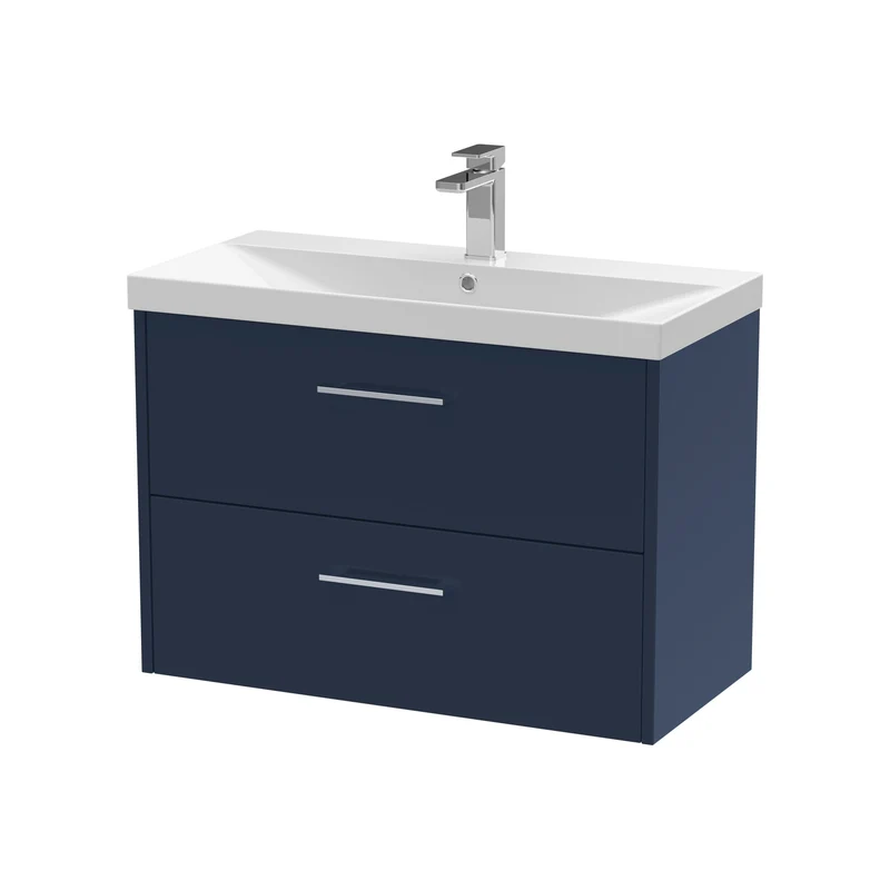 Juno 800mm Wall Hung 2 Drawer Vanity Unit & Thin Edge Ceramic Basin - Midnight Blue Matt