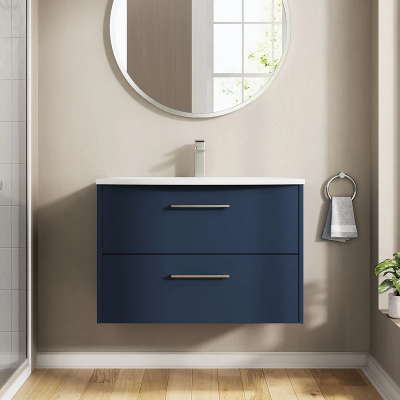 Juno 800mm Wall Hung 2 Drawer Vanity Unit & Curved Ceramic Basin - Midnight Blue Matt