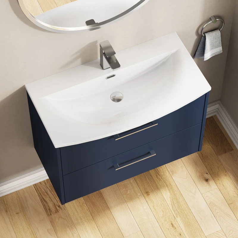 Juno 800mm Wall Hung 2 Drawer Vanity Unit & Curved Ceramic Basin - Midnight Blue Matt