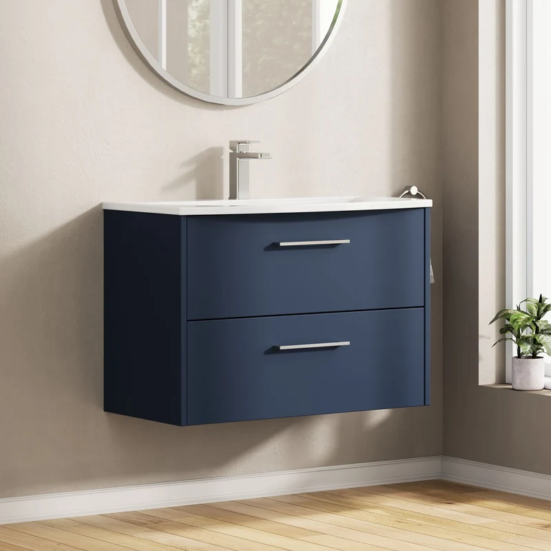 Juno 800mm Wall Hung 2 Drawer Vanity Unit & Curved Ceramic Basin - Midnight Blue Matt