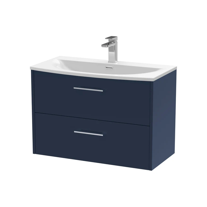 Juno 800mm Wall Hung 2 Drawer Vanity Unit & Curved Ceramic Basin - Midnight Blue Matt