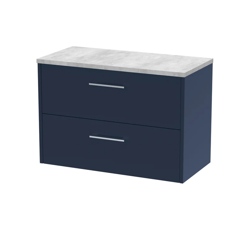 Juno 800mm Wall Hung 2 Drawer Vanity Unit & Bellato Grey Laminate Worktop - Midnight Blue Matt