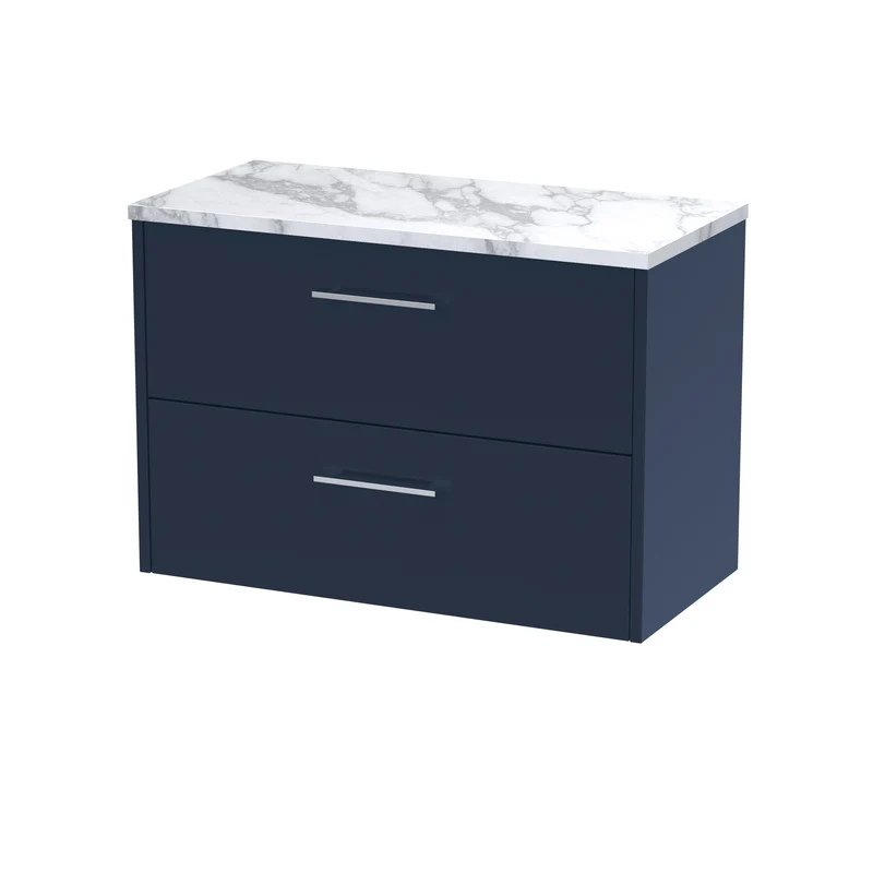 Juno 800mm Wall Hung 2 Drawer Vanity Unit & Carrera Marble Laminate Worktop - Midnight Blue Matt