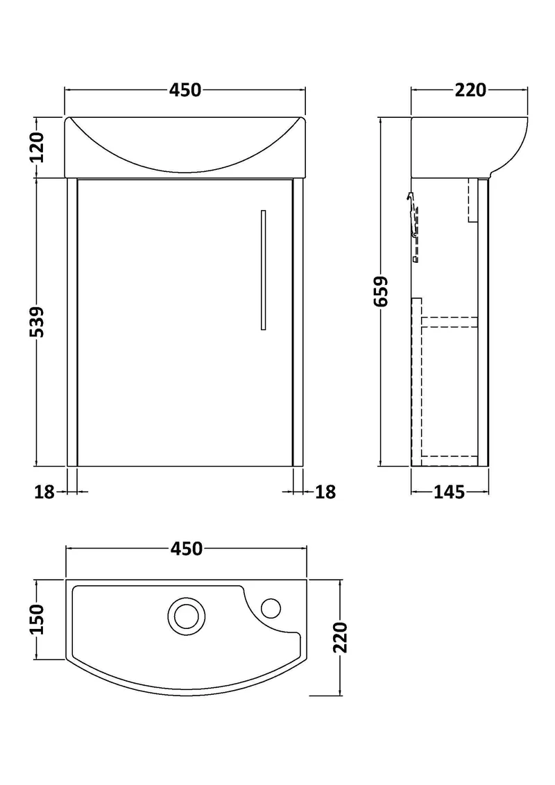 Juno Compact Wall Hung 440mm Vanity Unit With Left Hand Ceramic Basin - Midnight Blue Satin