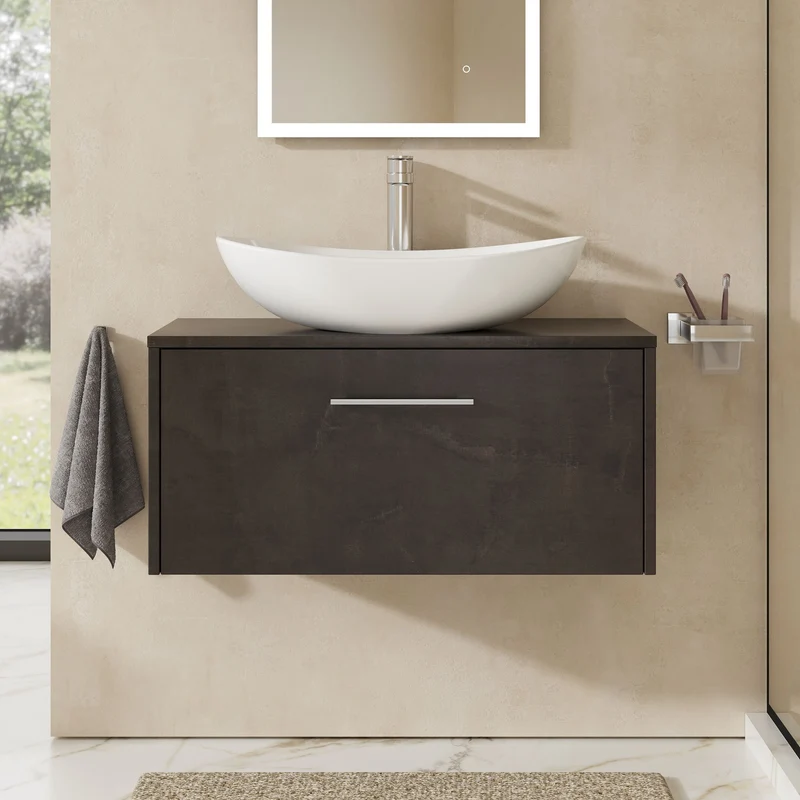 Juno 800mm Wall Hung 1 Drawer Vanity Unit & Worktop - Metallic Slate Matt