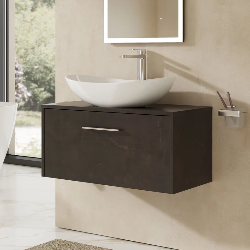 Juno 800mm Wall Hung 1 Drawer Vanity Unit & Worktop - Metallic Slate Matt