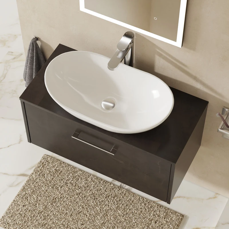 Juno 800mm Wall Hung 1 Drawer Vanity Unit & Worktop - Metallic Slate Matt