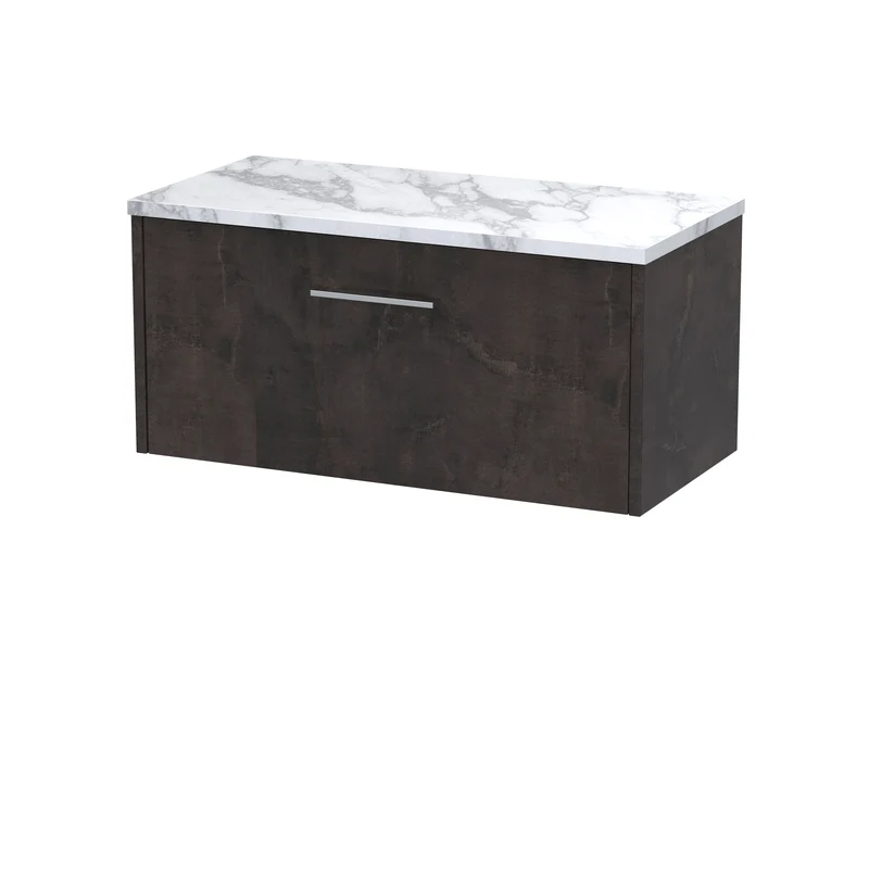 Juno 800mm Wall Hung 1-Drawer Vanity Unit & Carrera Marble Laminate Worktop - Metallic Slate Matt