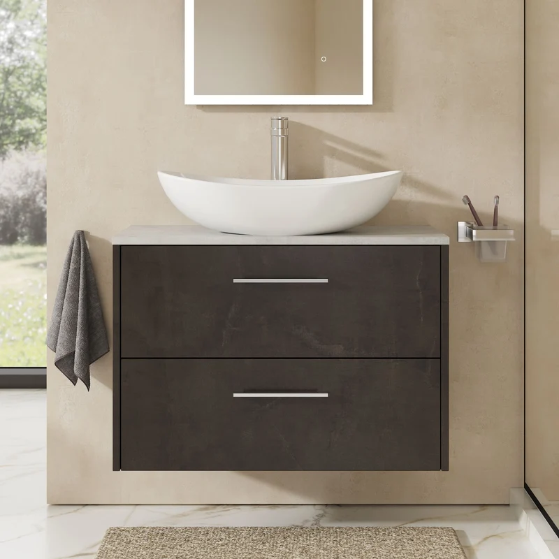 Juno 800mm Wall Hung 2 Drawer Vanity Unit & Bellato Grey Laminate Worktop - Metallic Slate Matt