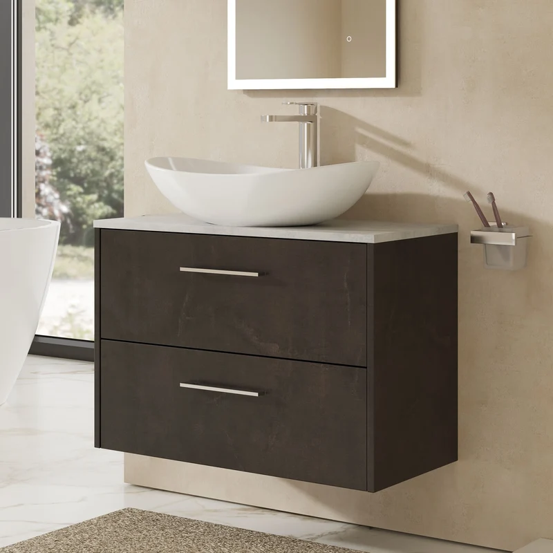 Juno 800mm Wall Hung 2 Drawer Vanity Unit & Bellato Grey Laminate Worktop - Metallic Slate Matt