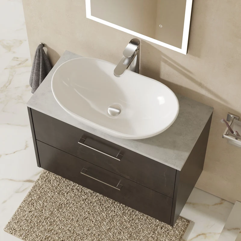 Juno 800mm Wall Hung 2 Drawer Vanity Unit & Bellato Grey Laminate Worktop - Metallic Slate Matt