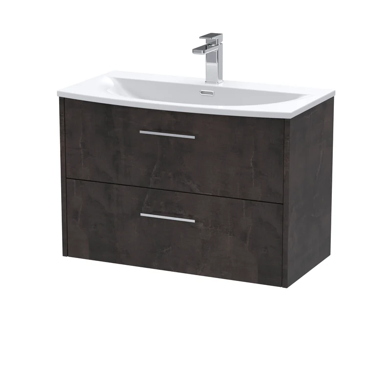 Juno 800mm Wall Hung 2 Drawer Vanity Unit & Curved Ceramic Basin - Metallic Slate Matt