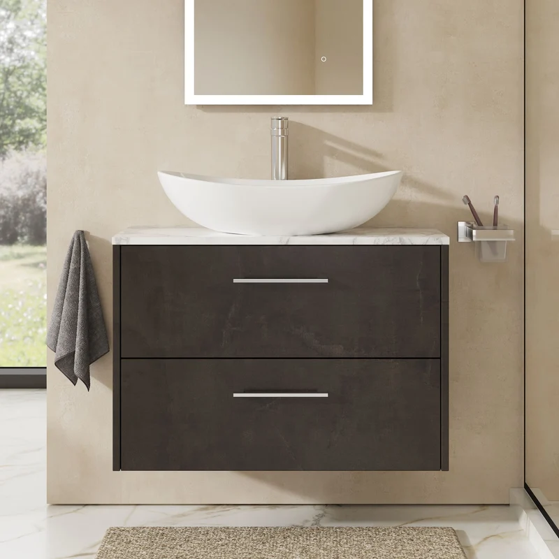 Juno 800mm Wall Hung 2 Drawer Vanity Unit & Carrera Marble Laminate Worktop - Metallic Slate Matt