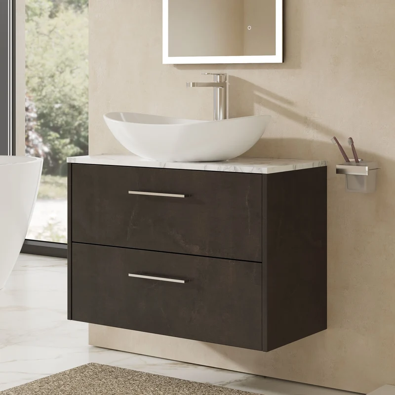 Juno 800mm Wall Hung 2 Drawer Vanity Unit & Carrera Marble Laminate Worktop - Metallic Slate Matt