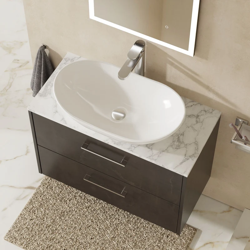Juno 800mm Wall Hung 2 Drawer Vanity Unit & Carrera Marble Laminate Worktop - Metallic Slate Matt