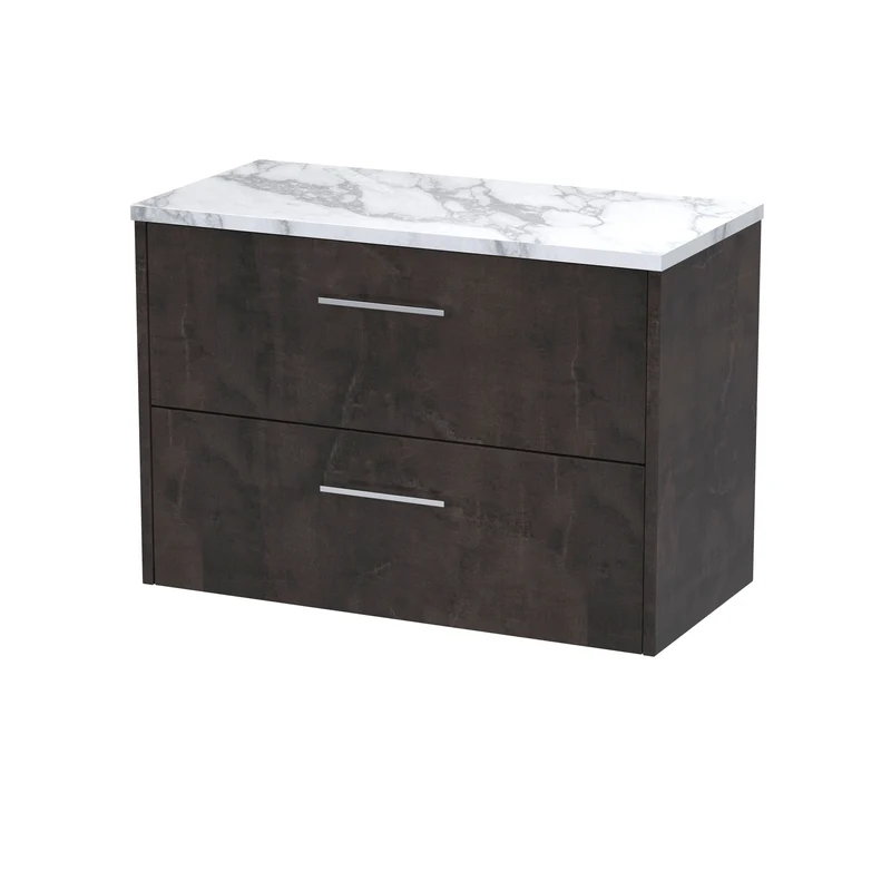 Juno 800mm Wall Hung 2 Drawer Vanity Unit & Carrera Marble Laminate Worktop - Metallic Slate Matt