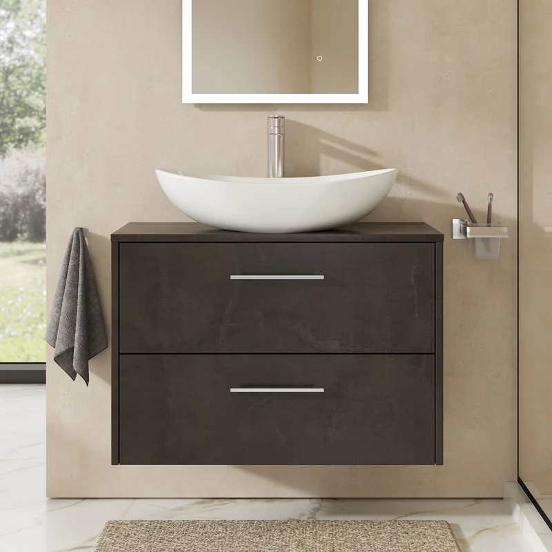 Juno 800mm Wall Hung 2 Drawer Vanity Unit & Worktop - Metallic Slate Matt