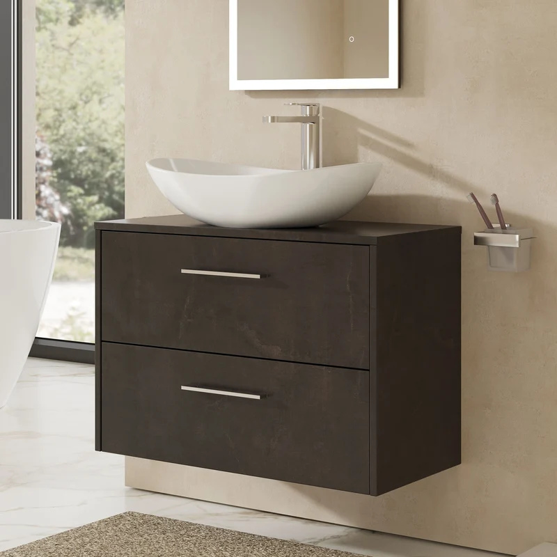 Juno 800mm Wall Hung 2 Drawer Vanity Unit & Worktop - Metallic Slate Matt