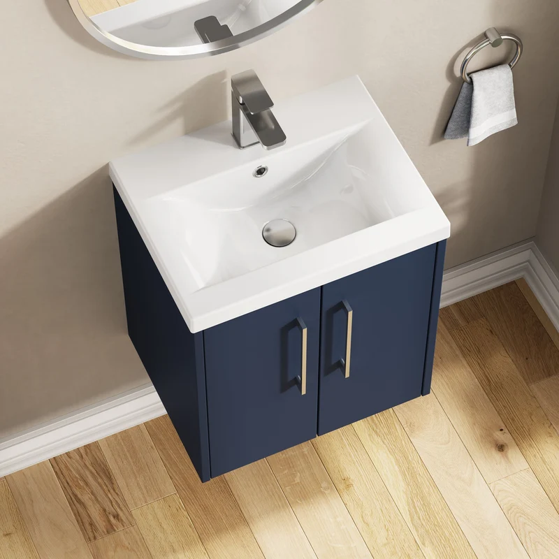 Juno 500mm Wall Hung 2 Door Vanity Unit & Mid Edge Ceramic Basin - Midnight Blue Matt
