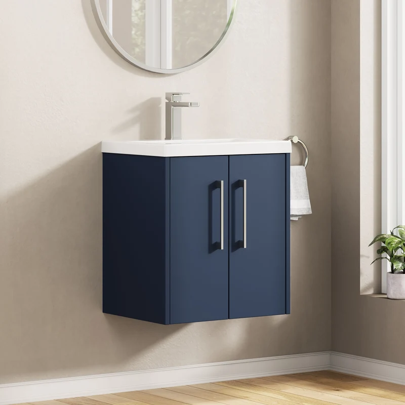 Juno 500mm Wall Hung 2 Door Vanity Unit & Mid Edge Ceramic Basin - Midnight Blue Matt