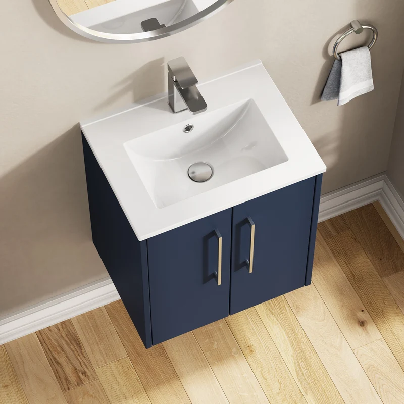Juno 500mm Wall Hung 2 Door Vanity Unit & Minimalist Ceramic Basin - Midnight Blue Matt