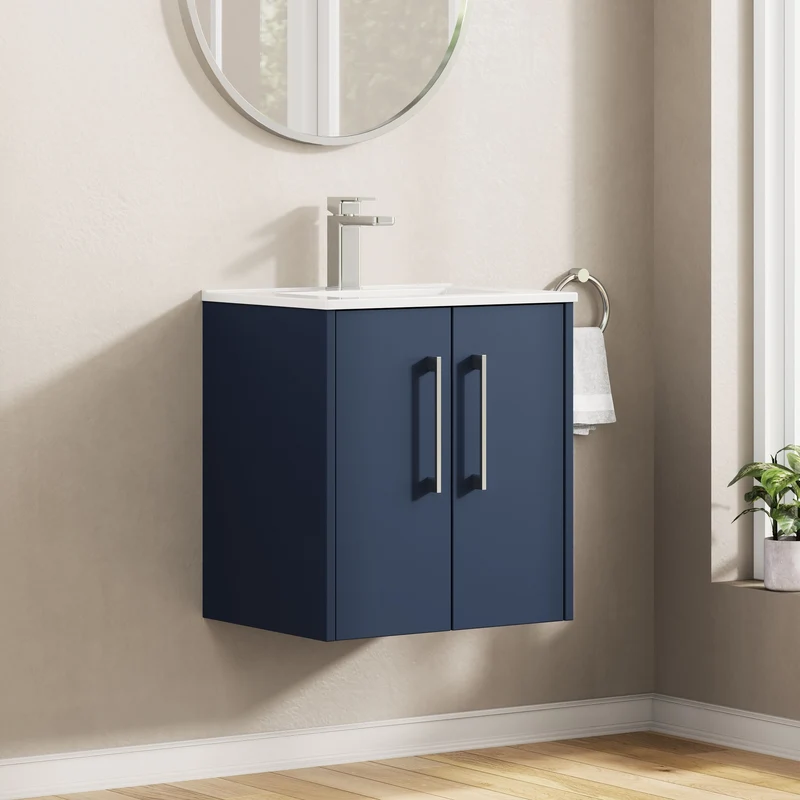 Juno 500mm Wall Hung 2 Door Vanity Unit & Minimalist Ceramic Basin - Midnight Blue Matt