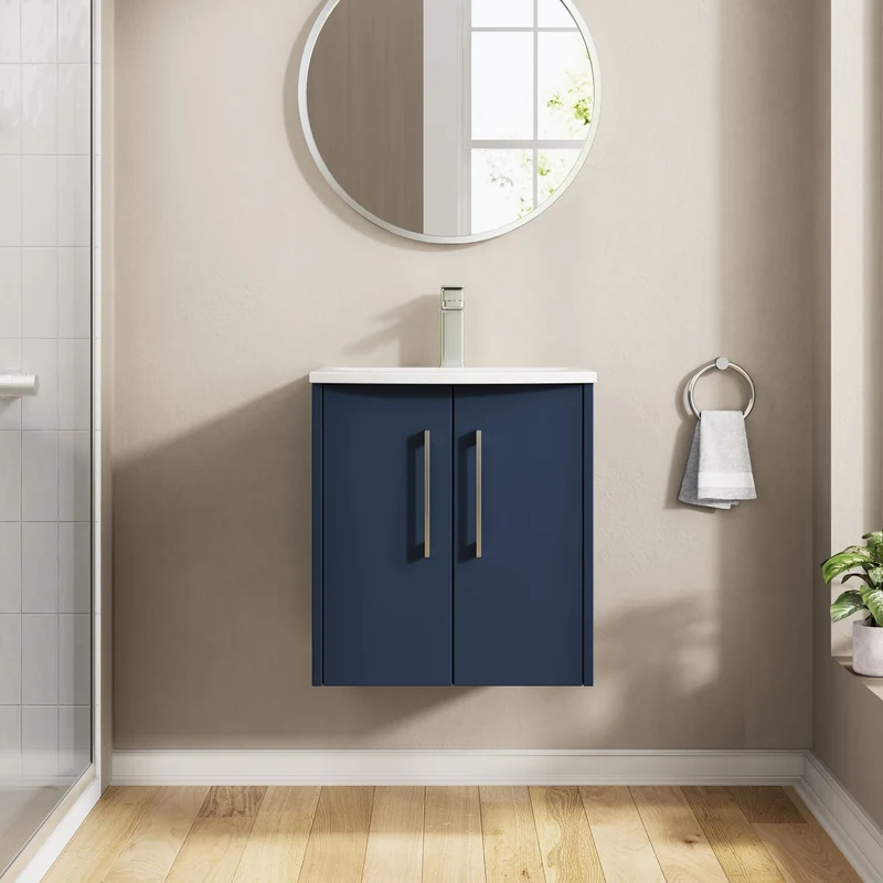 Juno 500mm Wall Hung 2 Door Vanity Unit & Curved Ceramic Basin - Midnight Blue Matt