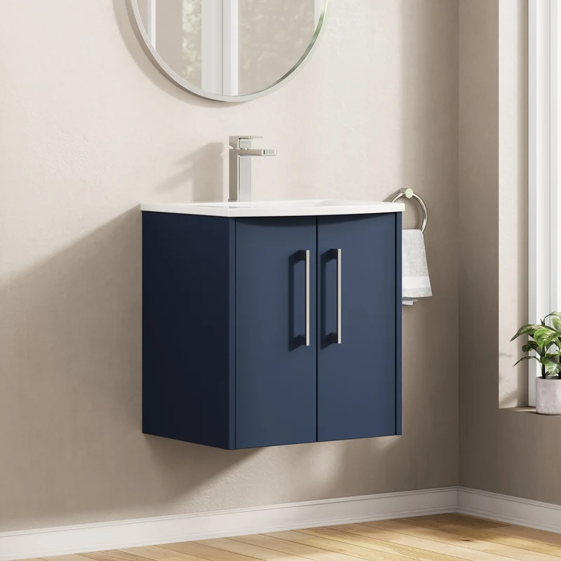 Juno 500mm Wall Hung 2 Door Vanity Unit & Curved Ceramic Basin - Midnight Blue Matt
