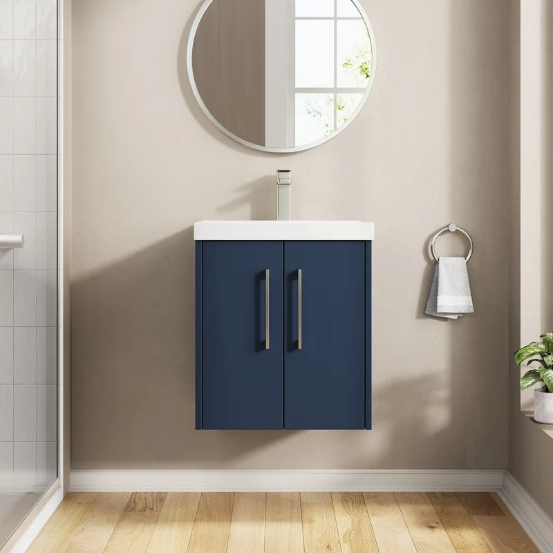 Juno 500mm Wall Hung 2 Door Vanity Unit & Thin Edge Ceramic Basin - Midnight Blue Matt