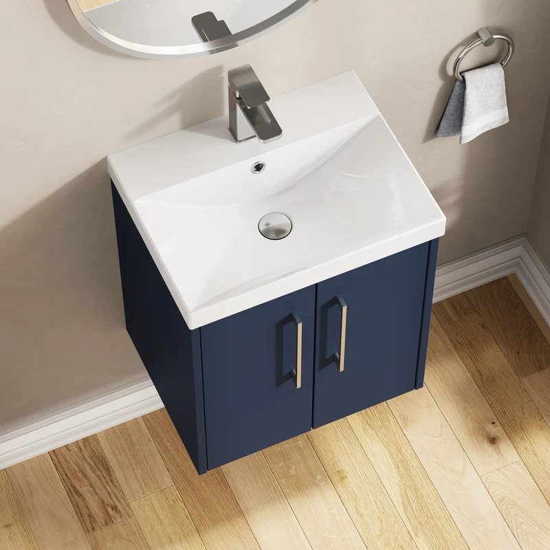 Juno 500mm Wall Hung 2 Door Vanity Unit & Thin Edge Ceramic Basin - Midnight Blue Matt