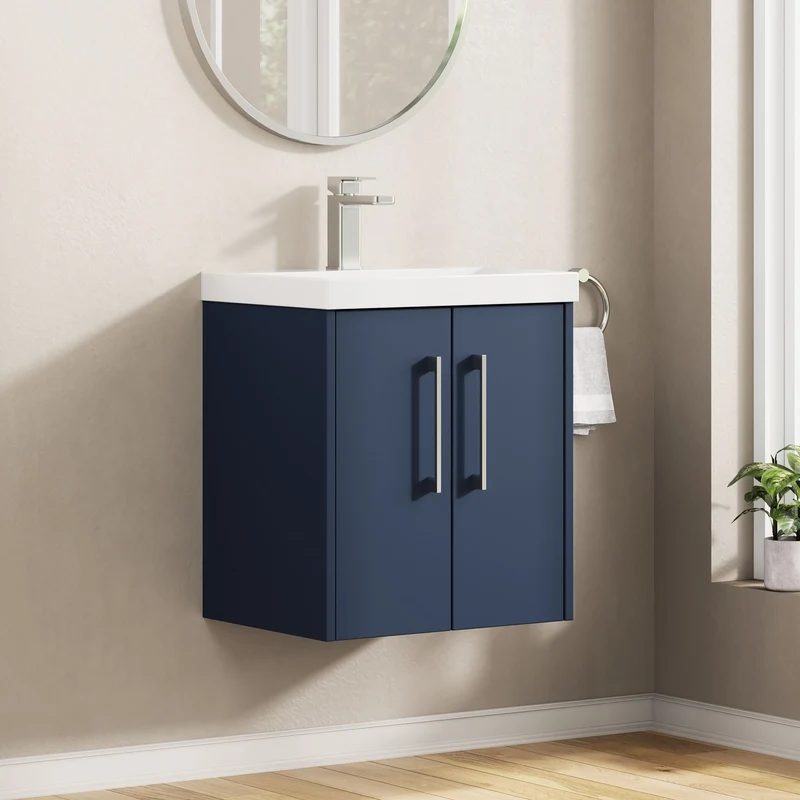 Juno 500mm Wall Hung 2 Door Vanity Unit & Thin Edge Ceramic Basin - Midnight Blue Matt
