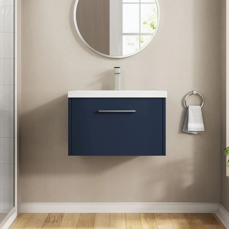 Juno 600mm Wall Hung 1 Drawer Vanity Unit & Mid Edge Ceramic Basin - Midnight Blue Matt