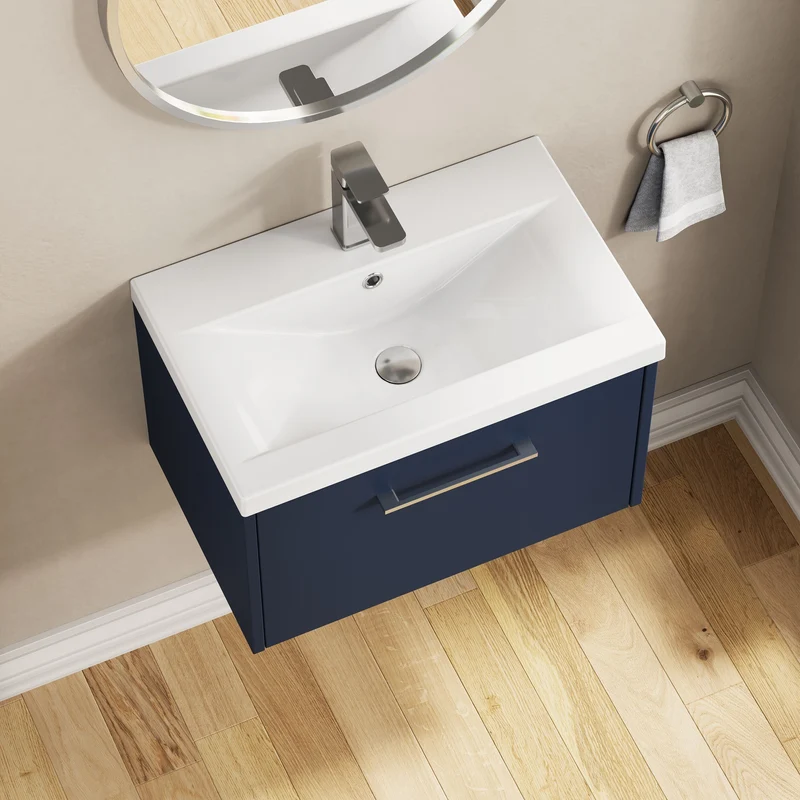 Juno 600mm Wall Hung 1 Drawer Vanity Unit & Mid Edge Ceramic Basin - Midnight Blue Matt