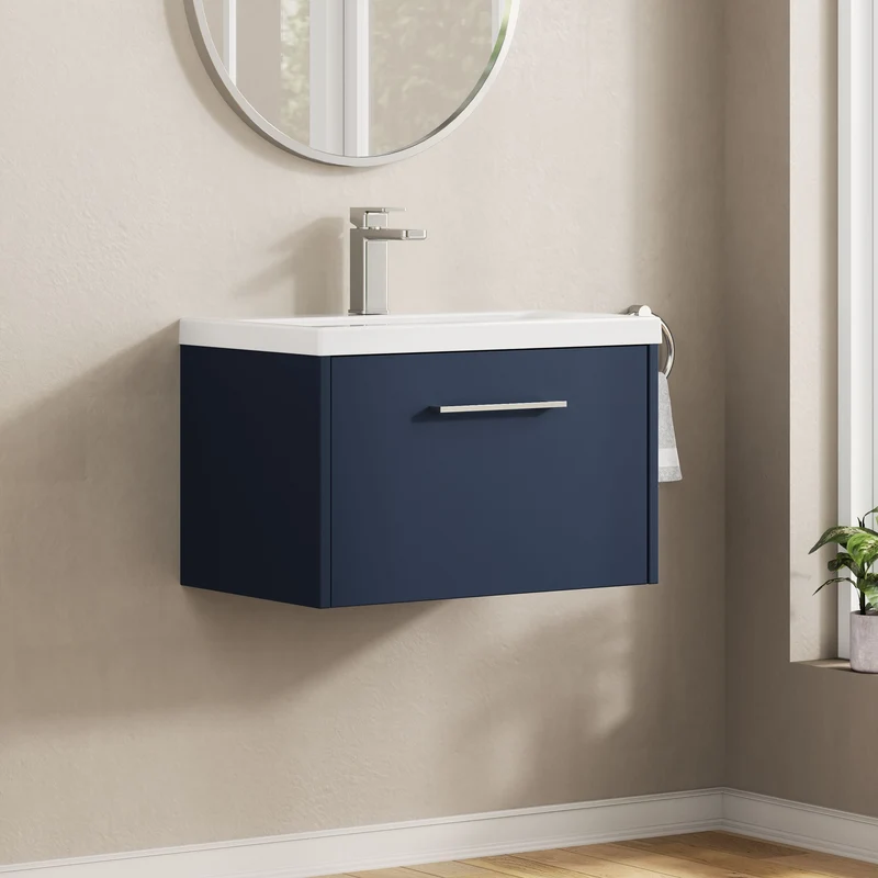 Juno 600mm Wall Hung 1 Drawer Vanity Unit & Mid Edge Ceramic Basin - Midnight Blue Matt