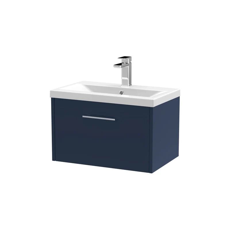 Juno 600mm Wall Hung 1 Drawer Vanity Unit & Mid Edge Ceramic Basin - Midnight Blue Matt