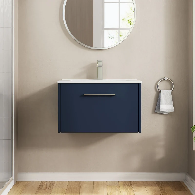 Juno 600mm Wall Hung 1 Drawer Vanity Unit & Minimalist Ceramic Basin - Midnight Blue Matt