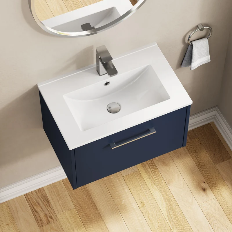 Juno 600mm Wall Hung 1 Drawer Vanity Unit & Minimalist Ceramic Basin - Midnight Blue Matt