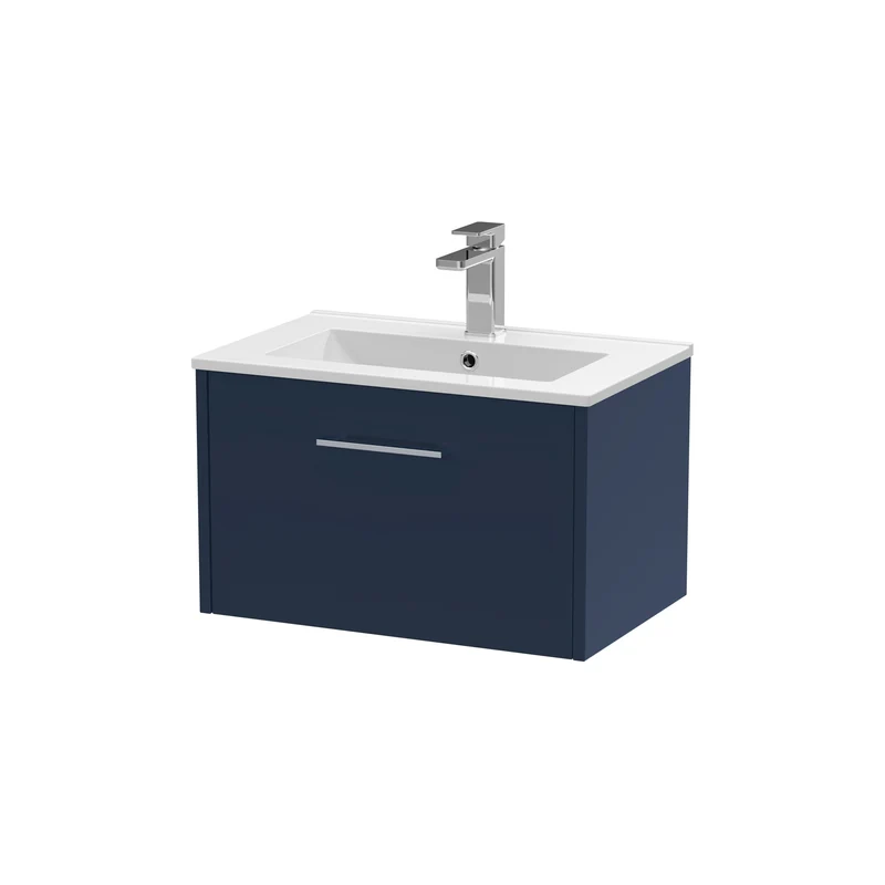 Juno 600mm Wall Hung 1 Drawer Vanity Unit & Minimalist Ceramic Basin - Midnight Blue Matt