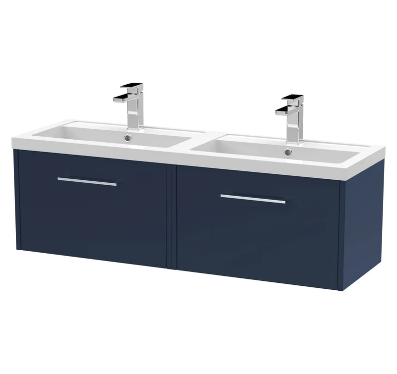 Juno 1200mm Wall Hung 2 Drawer Vanity Unit & Double Polymarble Basin - Midnight Blue Matt